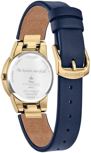 Citizen Ladies' Eco-Drive Disney Princess Snow White Gold Stainless Steel Case with Blue Leather Strap Watch and Pin Gift Set, Pale Gold Dial, Date (Model: GA1079-41W)