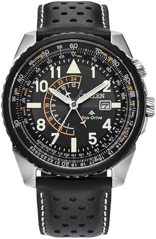 Citizen Men's Eco-Drive Promaster Air Nighthawk Watch, Black Leather Strap, Black Dial, Dual Time (Model: BJ7137-07E)