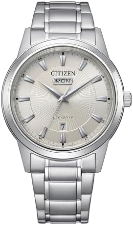 CITIZEN Men's Eco-Drive Dress Classic Watch, Silver-Tone Stainless Steel Bracelet, Ivory Dial, 3 Hand, Day/Date (Model: AW0100-86B)