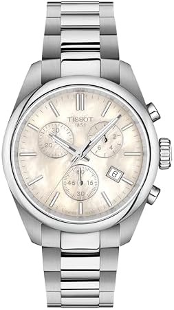 Tissot PR 100 Chronograph 36mm, Swiss Quartz Watch for Women, Stainless Steal Case, White Mother of Pearl Dial