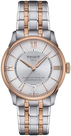 Tissot Womens Tissot Chemin des Tourelles Powermatic 80 34 mm 316L Stainless Steel case with Rose Gold PVD Coating Automatic Watches, Grey, Stainless Steel, 18 (T1392072203800)