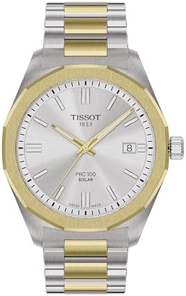 Tissot PRC 100 Solar 39mm, Swiss Solar Quartz Watch for Men, Stainless Steel Case, Silver Dial, T1514222203100