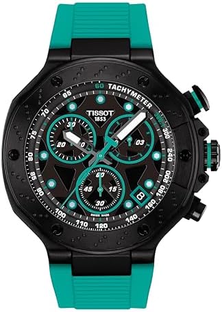 Tissot T-Race Chronograph, Swiss Quartz Watch for Men, 45mm, Stainless Steel Case, Teal Silicone Strap, Black Dial, T1414173705101