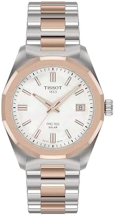 Tissot PRC 100 Solar, White Dial, 34mm Watch for Women, Two-Tone Rose Gold and Silver Stainless Steel Bracelet, Solar Quartz Movement, T1518222211100