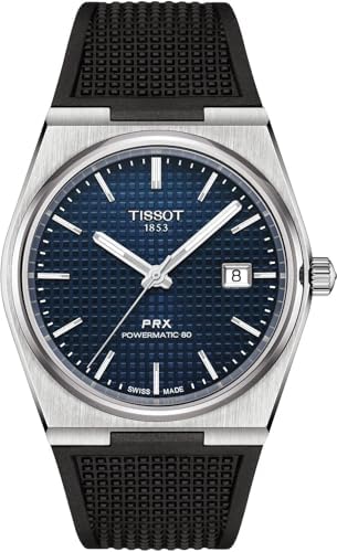 Tissot PRX Powermatic 80, Swiss Automatic Watch for Men, Stainless Steal Case, Rubber Strap, Blue Dial (T1374071704100)