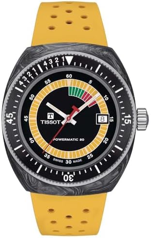 Tissot Unisex Sideral S Powermatic 80 316L Stainless Steel case with Black and Grey Marbled Forged Carbon Automatic Watches, Yellow, Rubber, 20 (T1454079705700)