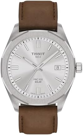 Tissot PRC 100 Solar, Silver Dial, 39mm Watch for Men, Brown Leather Strap, Solar Quartz Movement, T1514221603100
