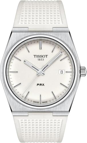 Tissot Mens PRX 316L Stainless Steel case Quartz Watches, White, Rubber, 12 (T1374101701100)