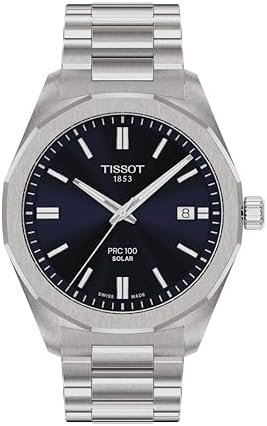 Tissot PRC 100 Solar, Blue Dial, 39mm Watch for Men, Silver Stainless Steel Bracelet, Solar Quartz Movement, T1514221104100