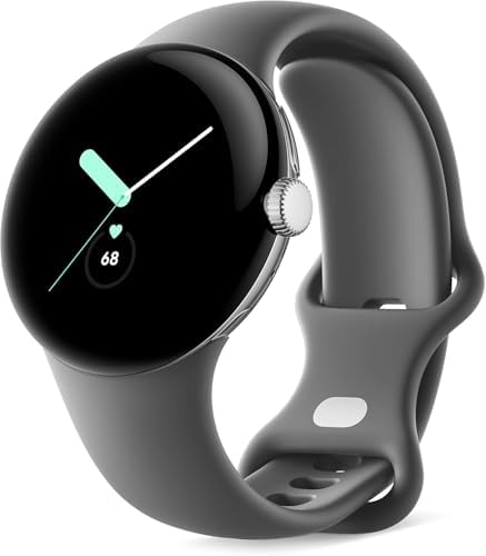 Google Pixel Watch, 41mm Polished Silver Case w/Charcoal Active Band, Android Smartwatch, Fitbit Activity, Fitness, Sleep, Heart Rate Tracking, LTE Support