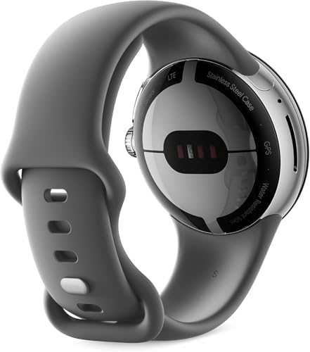 Google Pixel Watch, 41mm Polished Silver Case w/Charcoal Active Band, Android Smartwatch, Fitbit Activity, Fitness, Sleep, Heart Rate Tracking, LTE Support
