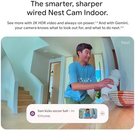 Google Nest Cam Indoor (Wired, 3rd Gen) - Security Camera - 2025 - Snow 2K video, motion detection, color night vision, 2-way audio, works with Google Home and Gemini, intelligent alerts