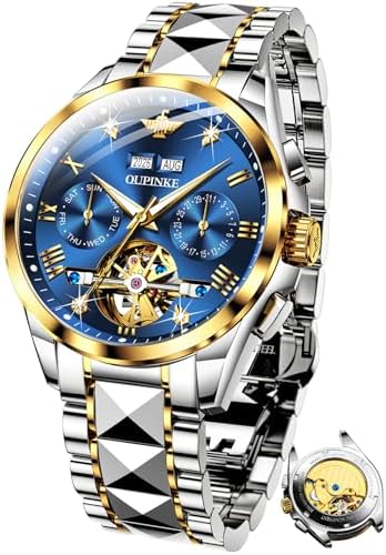 OUPINKE Mens Automatic Watch Diamond Skeleton Mechanical Self Winding