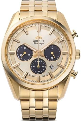 Orient Stretto Solar Chronograph Champagne Dial Gold Colour Strap Men’s Watch RA-TX0301G10B