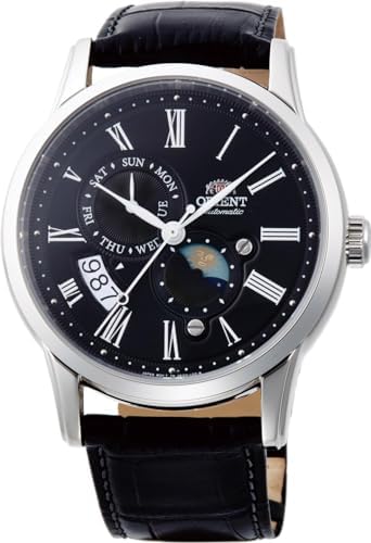 Orient Sun & Moon Men's Automatic Manual Winding Mechanical Classic Leather Band Wrist Watch, Black Leather, Strap