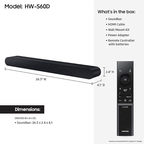 SAMSUNG S60D 5.0ch Soundbar w/Wireless Dolby Atmos Audio, All-in-One Design, Q-Symphony, SpaceFit Sound Pro, Adaptive Sound, Game Mode Pro with Alexa Built-in, HW-S60D/ZA