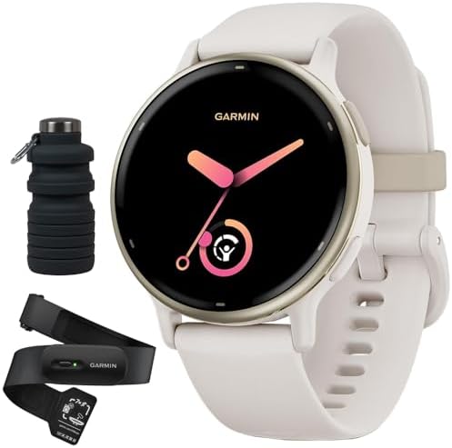 Garmin Vivoactive 5 Fitness Smartwatch, Ivory with HRM 200 Heart Rate Monitor Strap (XS-S) Bundle with Deco Essentials Collapsable Water Bottle