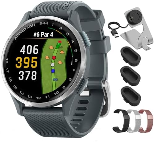 Garmin Approach S44 GPS Golf Smartwatch Silver Aluminum Bezel with Twilight Band 010-03009-01 Bundle with Deco Essentials 20mm Milanese Band 3 Pack, Charging Dock and Silicone Dust Cover 3 Pack