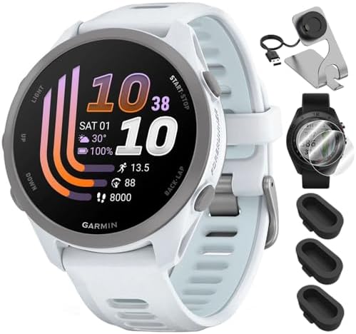 Garmin Forerunner 170, 1.2" AMOLED GPS Running Watch, Pay, 10-Day Battery, Whitestone/Cloud Blue, 010-03920-01 w/Deco Essentials Charging Dock, 2-Pack Screen Protector & 3-Pack Dust Cover