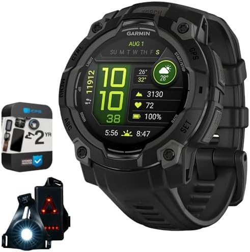 Garmin Instinct 3-45 mm Outdoor GPS Smartwatch, AMOLED, Black with Black Band 010-02936-00 Bundle with 2 YR CPS Enhanced Protection Pack & Deco Essentials Wearable Safety Light