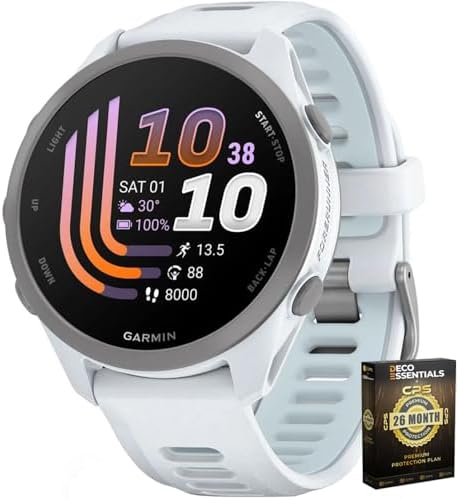 Garmin Forerunner 170 Music, 1.2" AMOLED GPS Running Watch, On-Watch Music, 10-Day Battery, Whitestone/Cloud Blue, 010-03920-11 w/Deco Essentials 26-Month CPS Enhanced Protection Pack