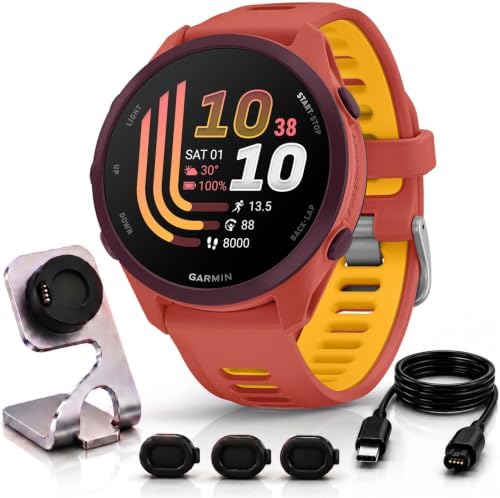 Garmin Forerunner 170 Music, 1.2" AMOLED GPS Running Watch, On-Watch Music, 10-Day Battery, Red Pink/Mango, 010-03920-13 w/Deco Essentials Charging Dock, 3-Pack Dust Cover & USB-C Cable