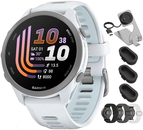 Garmin Forerunner 170 Music, 1.2" AMOLED GPS Running Watch, On-Watch Music, 10-Day Battery, Whitestone/Cloud Blue, 010-03920-11 w/Deco Essentials 20mm Nylon Bands 3-Pack, Dock & 3-Pack Dust Cover