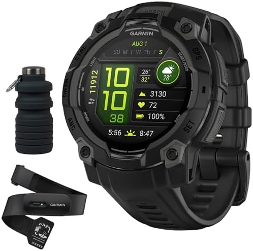 Garmin Instinct 3-45 mm Outdoor GPS Smartwatch, AMOLED, Black with Black Band with HRM 200 Heart Rate Monitor Strap (XS-S) Bundle with Deco Essentials Collapsable Water Bottle