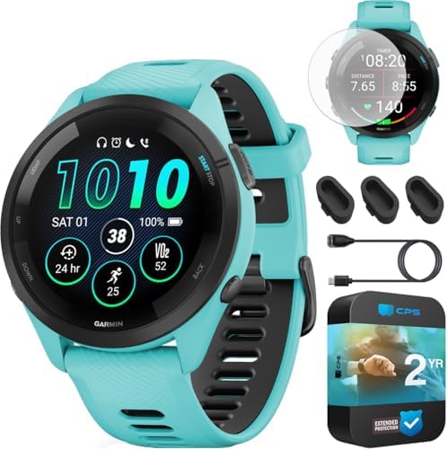 Garmin Forerunner 265 Running GPS Smartwatch, AMOLED Display, 46mm, Aqua/Black, 010-02810-02 - Bundle w/Deco Essentials 2-Year CPS Plan