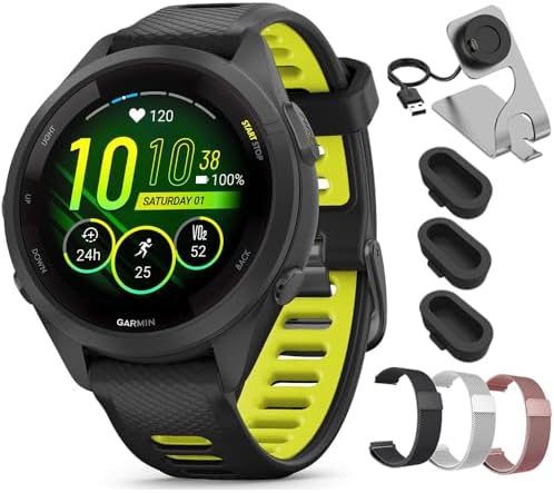 Garmin Forerunner 265S Running GPS Smartwatch, AMOLED Display, 42mm, Black/Amp Yellow, 010-02810-03 - Bundle w/Deco Essentials 18mm Milanese Bands, Dock and Dust Cover
