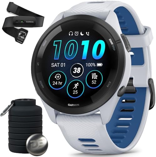 Garmin Forerunner 265 Running GPS Smartwatch, AMOLED Display, 46mm, Whitestone/Tidal Blue, 010-02810-01 - Bundle w/Deco Essentials Heart Rate Monitor M-XL Strap and Water Bottle