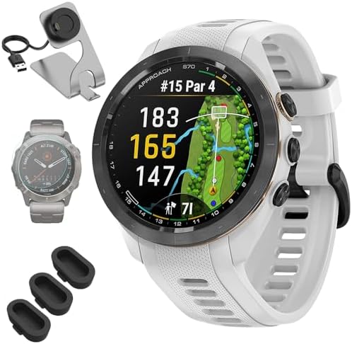 Garmin 010-02746-00 Approach S70 42 mm Premium GPS Golf Watch, White Band Bundle with Deco Essentials Charging Dock, 3X Silicone Dust Cover and 1.4 Inch Screen Protector