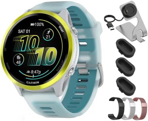 Garmin Forerunner 570 47mm GPS Smartwatch Aluminum and Whitestone/Turquoise Band 010-02971-01 Bundle with Deco Essentials 22mm Milanese Band 3 Pack, Charging Dock and Silicone Dust Cover 3 Pack