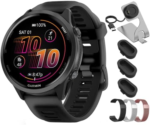 Garmin Forerunner 570 47mm GPS Smartwatch Aluminum and Black Band 010-02971-00 Bundle with Deco Essentials 22mm Milanese Band 3 Pack, Charging Dock and Silicone Dust Cover 3 Pack