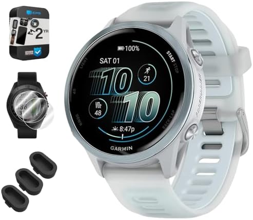 Garmin 010-02970-01 Forerunner 570-42mm GPS Smartwatch Aluminum and Whitestone/Blue Band Bundle with Silicone Dust Cover 3 Pack, Screen Protector 2-Pack and 2 YR CPS Enhanced Protection Pack