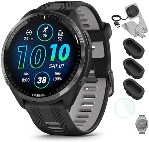 Garmin 010-02809-00 Forerunner 965 Running Smartwatch Black and Powder Gray Bundle with Deco Essentials Charging Dock, Silicone Dust Cover 3 Pack and 1.4 Inch Screen Protector