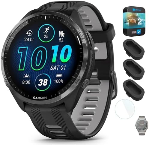 Garmin 010-02809-00 Forerunner 965 Running Smartwatch Black and Powder Gray Bundle with Silicone Dust Cover 3 Pack, 1.4 Inch Screen Protector and 2 YR CPS Enhanced Protection Pack