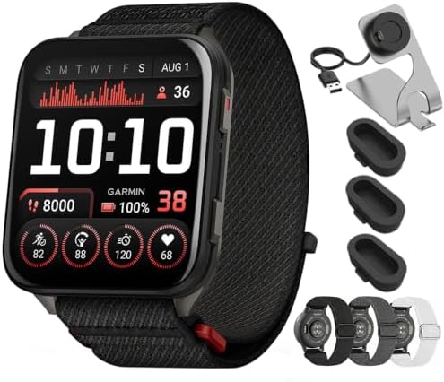 Garmin Venu X1 Premium GPS Smartwatch Black Titanium 010-02980-00 Bundle with Deco Essentials Nylon Elastic Bands 24mm 3 Pack, Charging Dock and Silicone Dust Cover 3 Pack