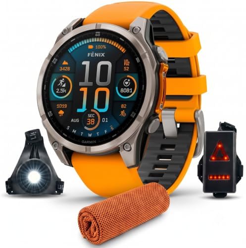 Garmin Fenix 8 47mm AMOLED Sapphire Multisport GPS Smartwatch, Titanium with Spark Orange Silicone Band, 010-02904-10 - Bundle w/Deco Essentials Cooling Towel and Commuter Safety Lights
