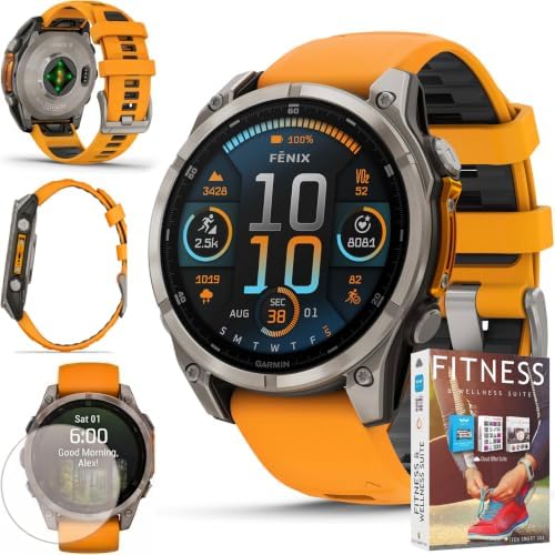 Garmin Fenix 8 47mm AMOLED Sapphire Multisport GPS Smartwatch, Titanium with Spark Orange Silicone Band, 010-02904-10 - Bundle w/Deco Essentials Screen Protector and Fitness and Wellness Suite