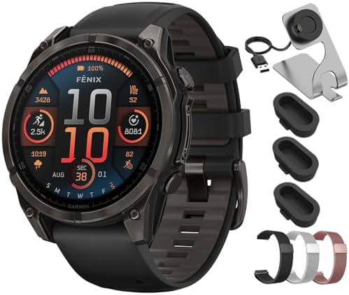 Garmin Fenix 8 47mm AMOLED Sapphire Multisport GPS Smartwatch, Carbon Gray Titanium with Black Silicone Band, 010-02904-20 - Bundle w/Deco Essentials 22mm Milanese Bands, Dock and Dust Cover