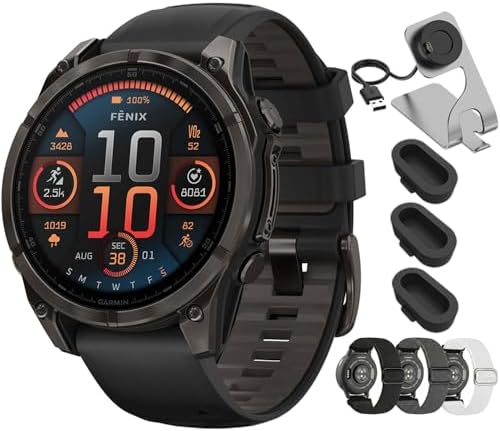 Garmin Fenix 8 47mm AMOLED Sapphire Multisport GPS Smartwatch, Carbon Gray Titanium with Black Silicone Band, 010-02904-20 - Bundle w/Deco Essentials 22mm Nylon Elastic Bands, Dock and Dust Cover