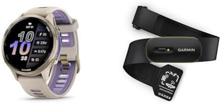 Bundle of Garmin® Forerunner® 970, Premium GPS AMOLED Display, Built-in LED Flashlight, Soft Gold Titanium with French Gray Case and French Gray/Translucent Indigo Band + Garmin® HRM 600, M-XL