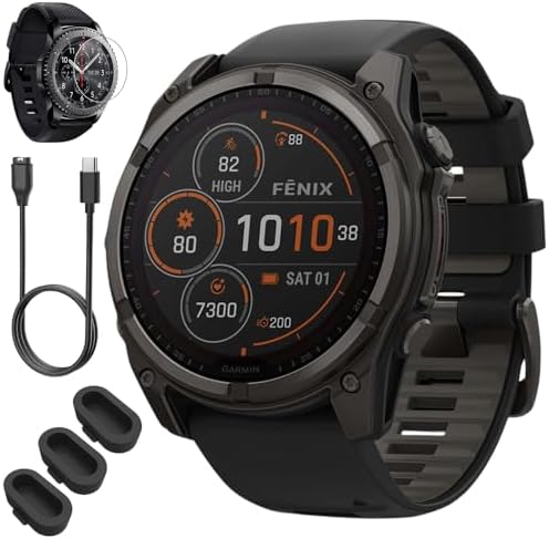 Garmin Fenix 8 51mm Solar Sapphire Multisport GPS Smartwatch, Carbon Gray DLC Titanium with Black/Pebble Gray, 010-02907-10 - Bundle w/Deco Essentials Screen Protector, Dust Cover and USB-C Cable