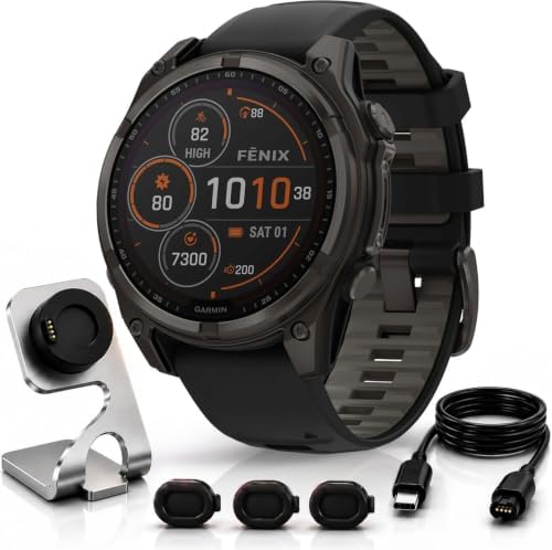 Garmin Fenix 8 51mm Solar Sapphire Multisport GPS Smartwatch, Carbon Gray DLC Titanium with Black/Pebble Gray, 010-02907-10 - Bundle w/Deco Essentials Charging Dock, Dust Cover and USB-C Cable