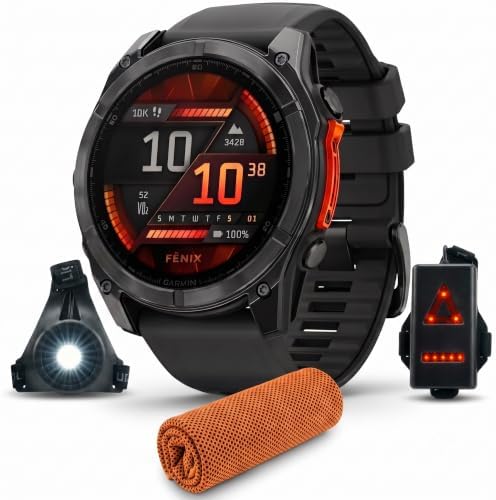 Garmin Fenix 8 51mm AMOLED Multisport GPS Smartwatch, Slate Gray with Black Silicone Band, 010-02905-00 - Bundle w/Deco Essentials Cooling Towel and Commuter Safety Lights