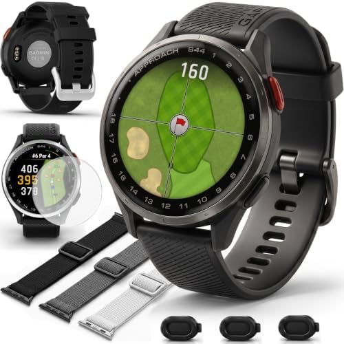 Garmin Approach S44 GPS Golf Smartwatch, Silver Aluminum Bezel w/Black Silicone Band 010-03009-00 Bundle with Deco Essentials 3X Nylon Elastic Bands, 3X Silicone Dust Cover and 2X Screen Protector