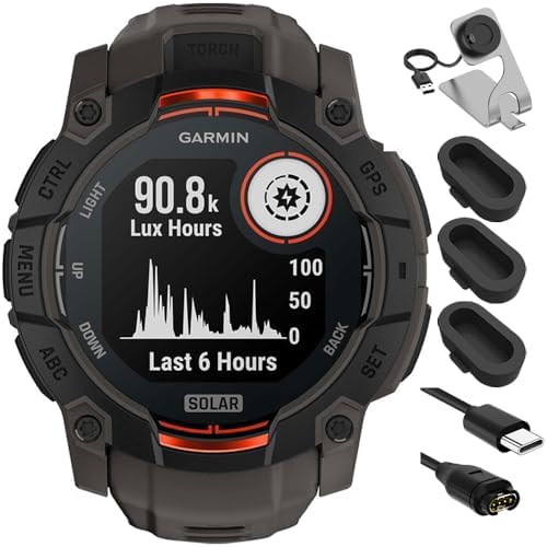 Garmin 010-02935-00 Instinct 3-50 mm Outdoor GPS Smartwatch Solar Black with Charcoal Band Bundle with Charging Dock, Silicone Dust Cover for Watch 3 Pack and USB Type C Charging and Sync Cable