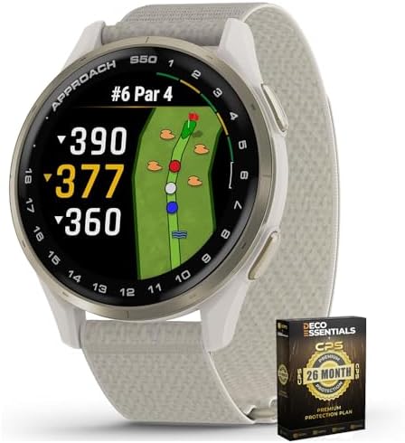 Garmin Approach S50, Advanced Golf GPS Smartwatch, AMOLED Display, On-Course Features, Cream Gold Aluminum Bezel with Ivory ComfortFit Nylon Band - Bundle w/Deco Essentials 26-Month CPS Plan