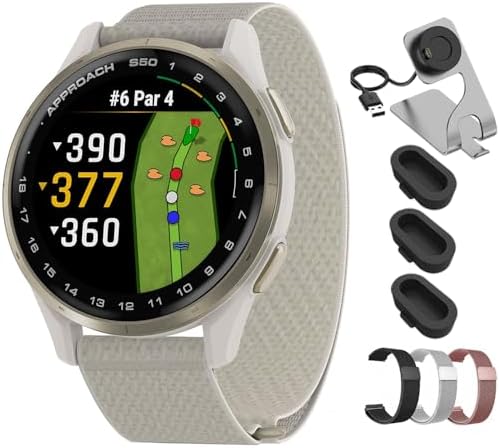 Garmin Approach S50, Advanced Golf GPS Smartwatch, AMOLED Display, On-Course Features, Cream Gold Aluminum Bezel with Ivory ComfortFit Nylon Band - Bundle w/Deco Essentials 20mm Milanese Bands & Dock